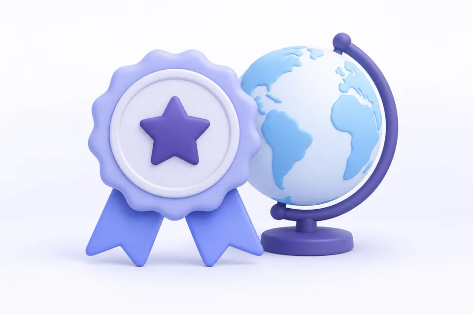 Ilustración 3D de una medalla de certificación junto a un globo terráqueo