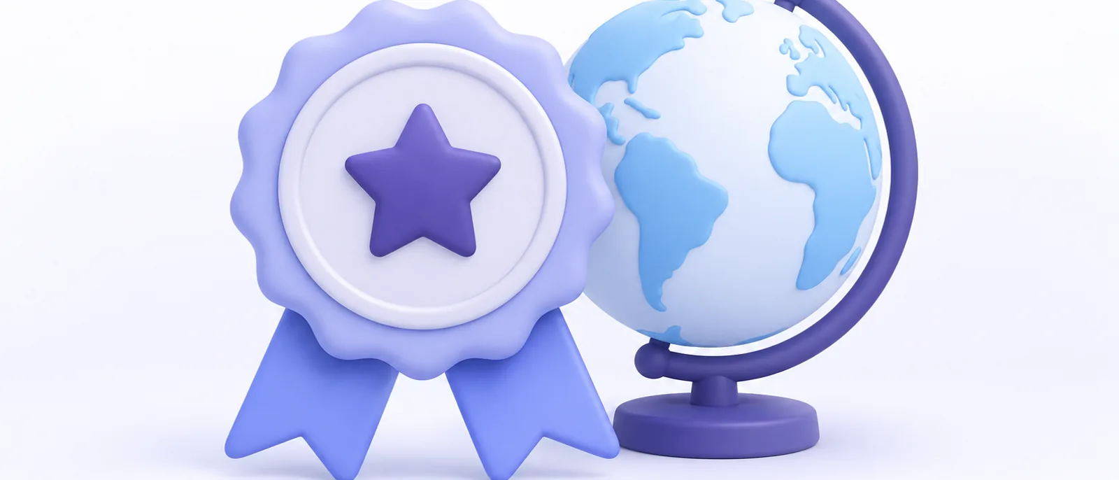 Ilustración 3D de una medalla de certificación junto a un globo terráqueo