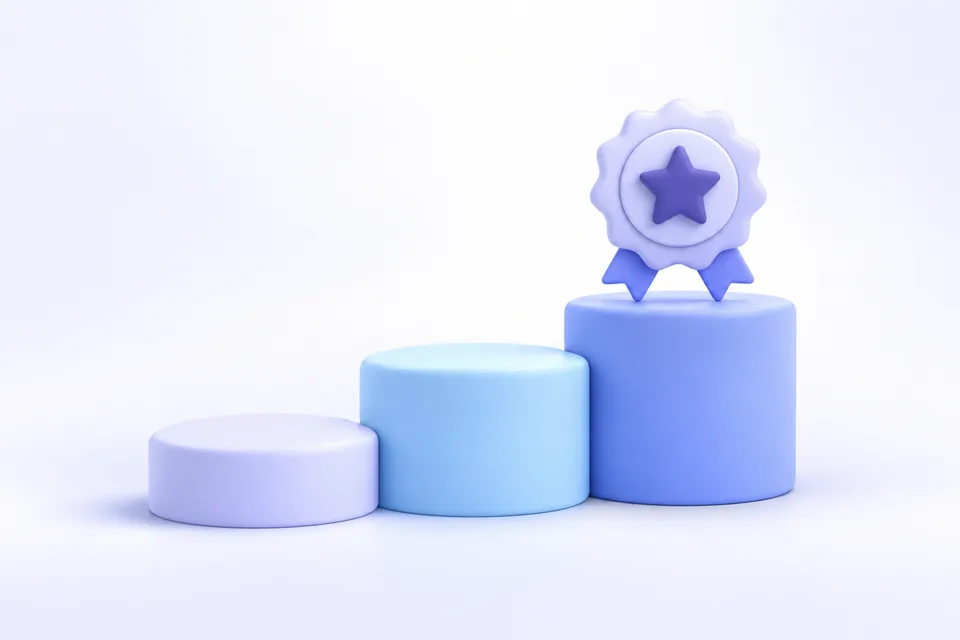 Ilustración 3D de tres escalones con una insignia de certificación en el más alto