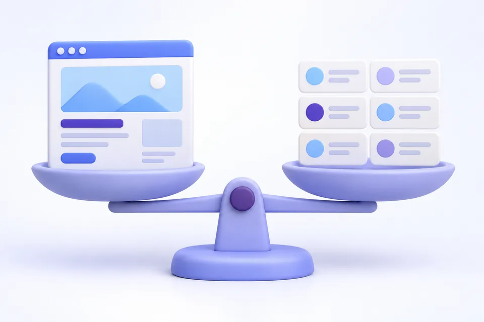 Ilustración 3D de un sitio web propio frente a una cuadrícula de directorio, sobre una balanza