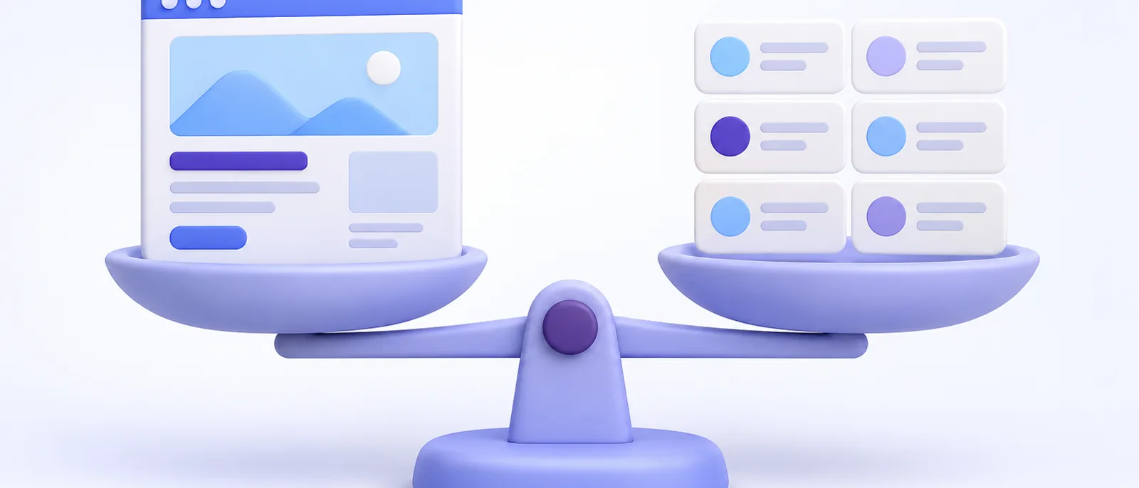 Ilustración 3D de un sitio web propio frente a una cuadrícula de directorio, sobre una balanza
