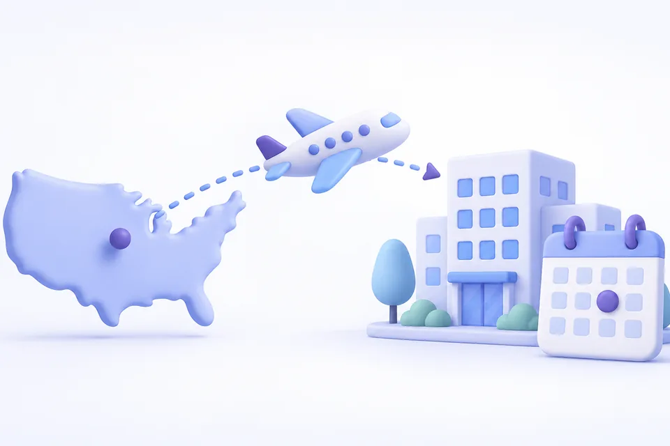 Ilustración 3D de un avión que viaja de un mapa de Estados Unidos a un edificio con un calendario