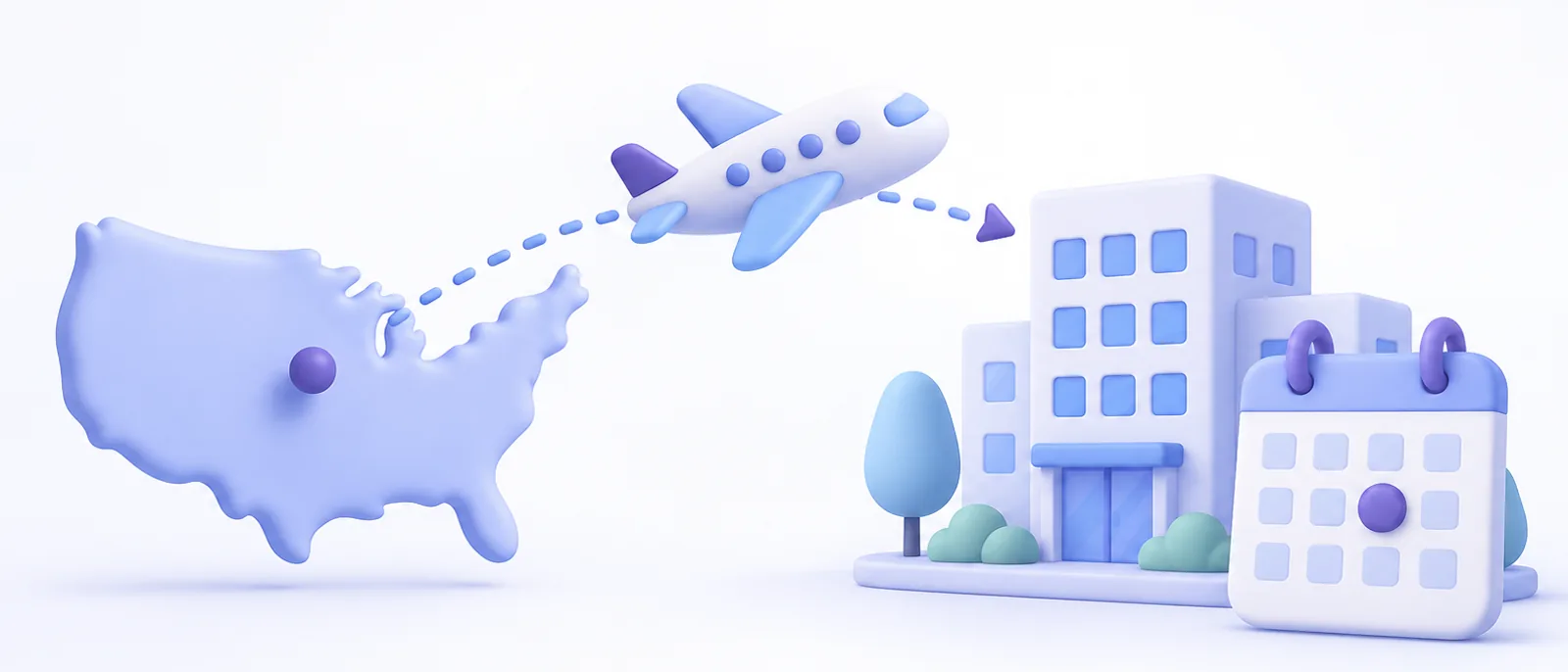 Ilustración 3D de un avión que viaja de un mapa de Estados Unidos a un edificio con un calendario