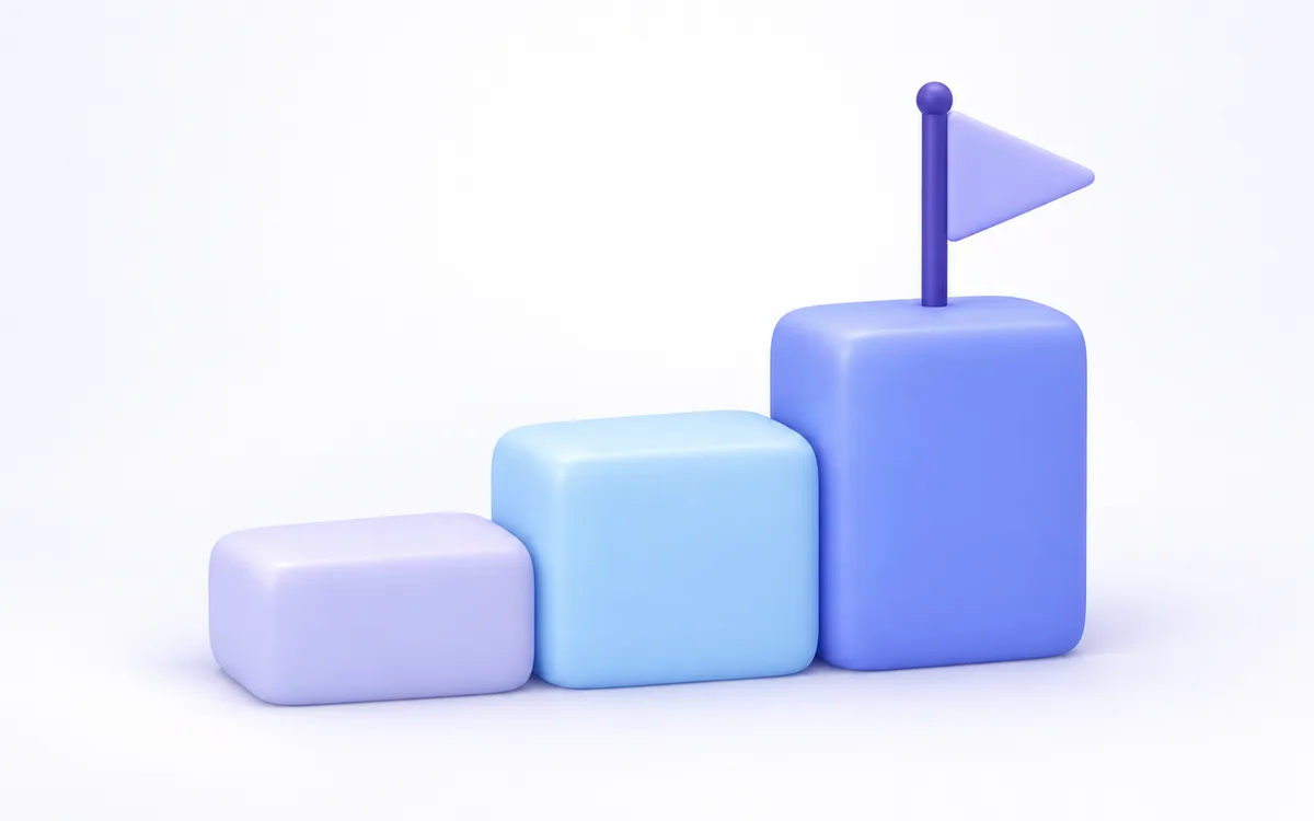 Ilustración 3D de tres bloques escalonados con una bandera en el más alto