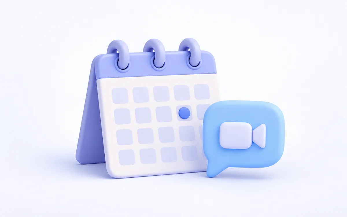 Ilustración 3D de un calendario con un día marcado y una burbuja de videollamada