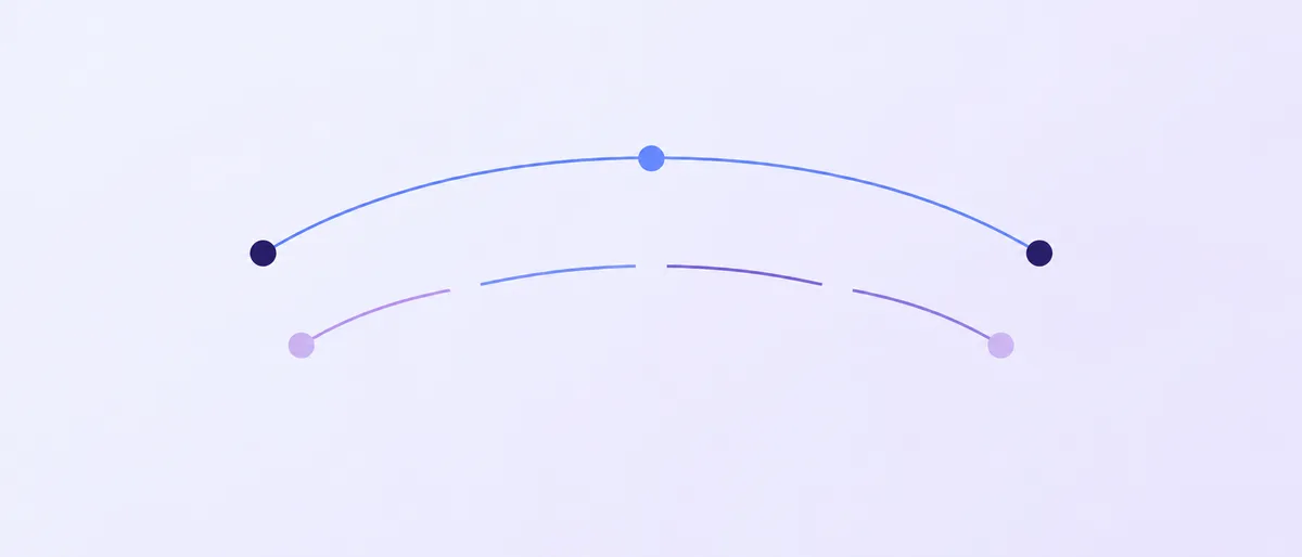 Ilustración abstracta de dos trayectorias curvas con puntos azules y morados