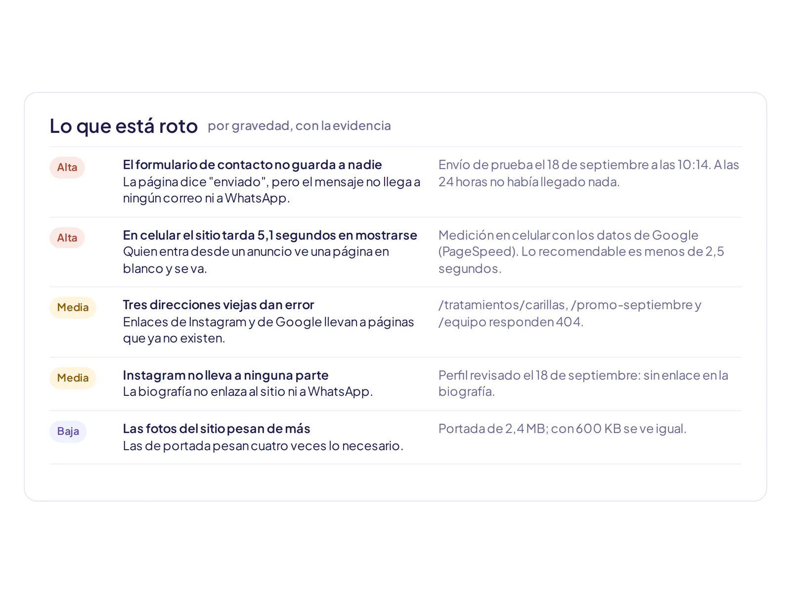 Lo que está roto en el sitio de una clínica, ordenado por gravedad y con la evidencia de cada hallazgo. Datos de ejemplo.