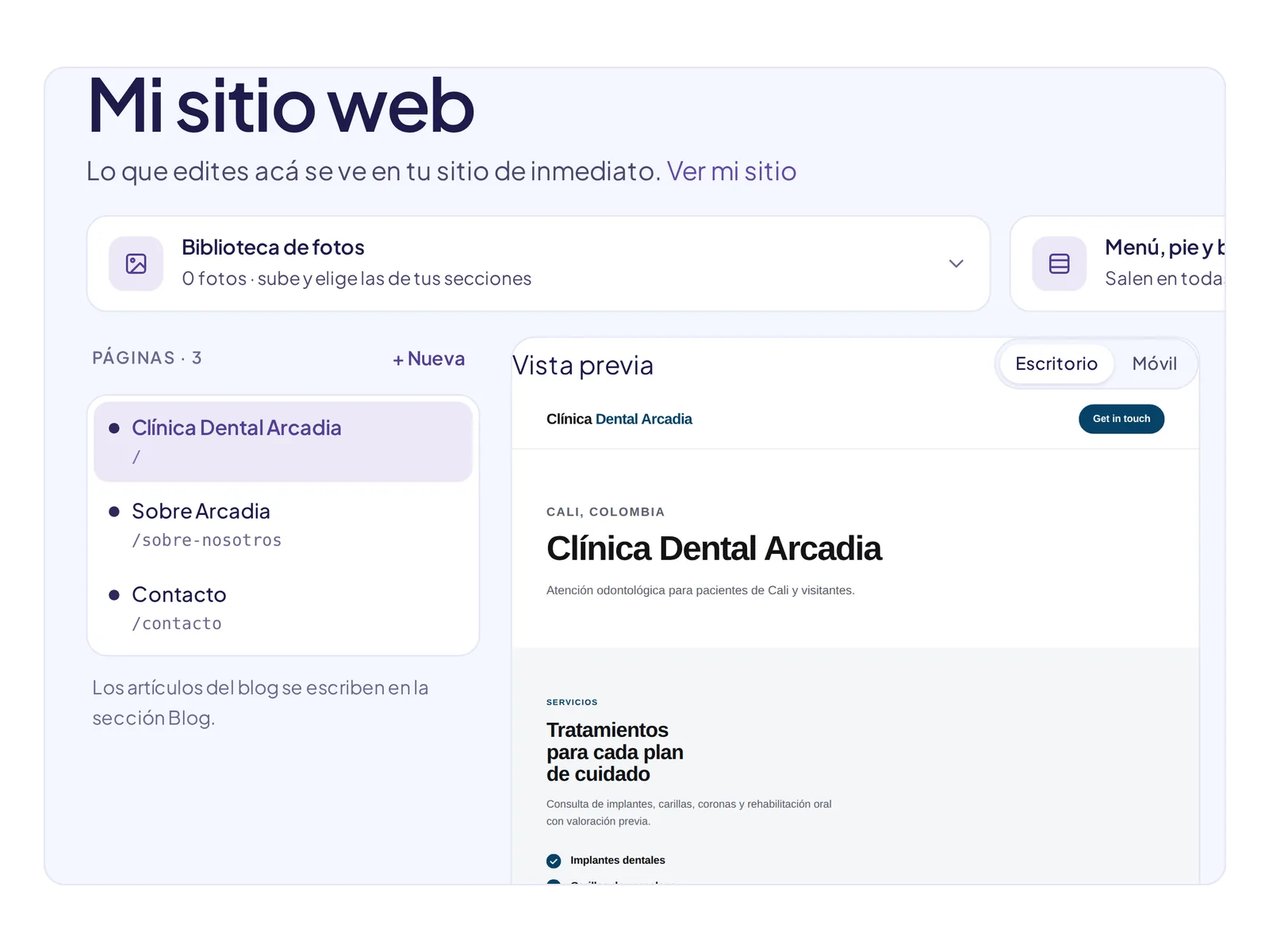 El editor «Mi sitio web» de Elena con las páginas de la clínica y la vista previa del sitio. Datos de ejemplo.